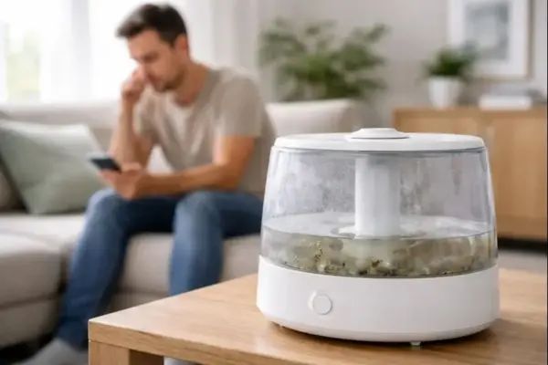 Vernachlässigter Luftbefeuchter mit stehendem Wasser im Wohnraum