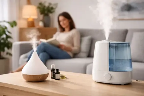 Aroma Diffuser und klassischer Luftbefeuchter im direkten Vergleich im Wohnzimmer